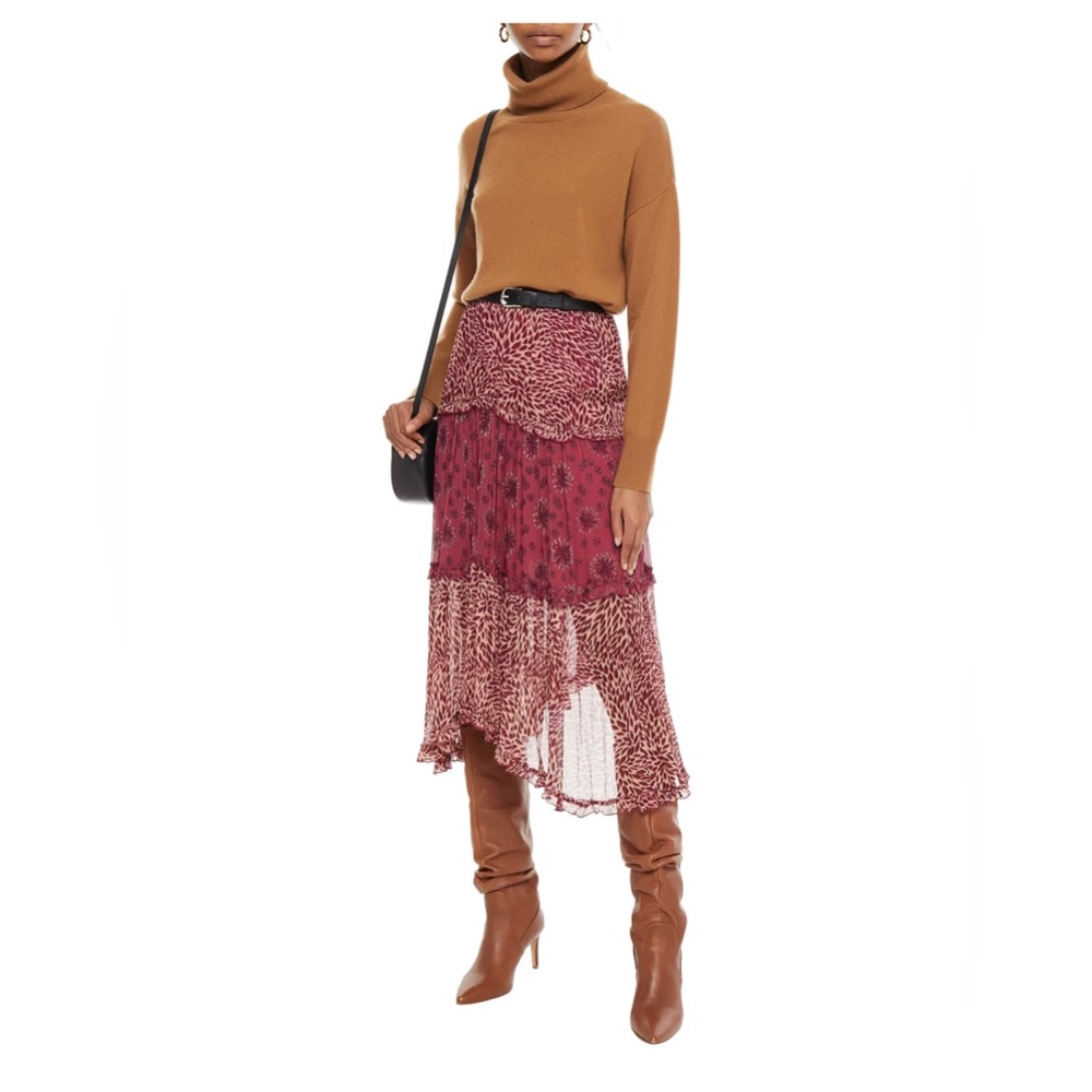 BA&SH Red asymmetric tiered printed midi skirt